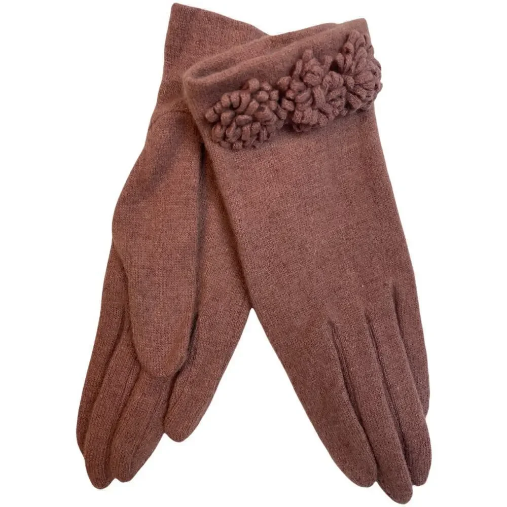 Mauve Knit Gloves With Floral Details Size S/M